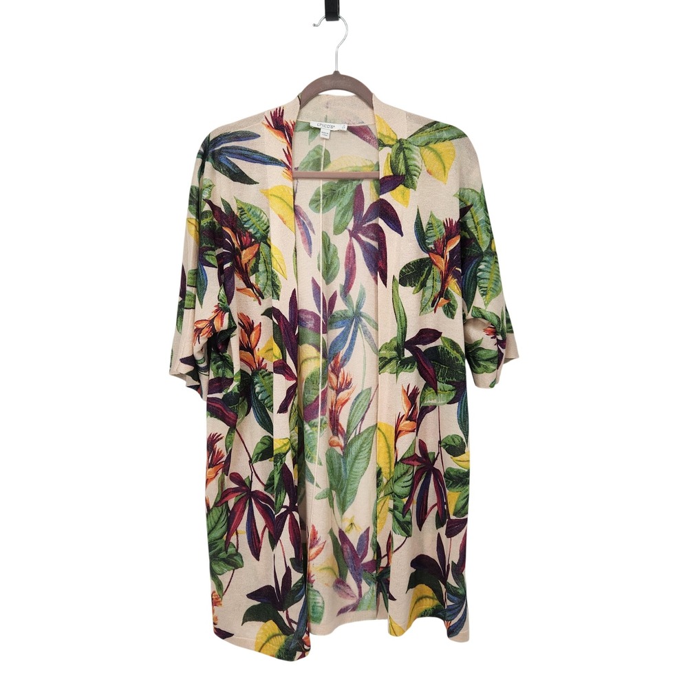 Chico's Tropical Floral Shimmer Open‎ Cardigan Short Dolman Sleeve Large Size 2